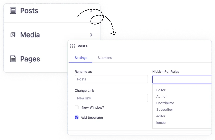 Hide admin menu items for user role and name