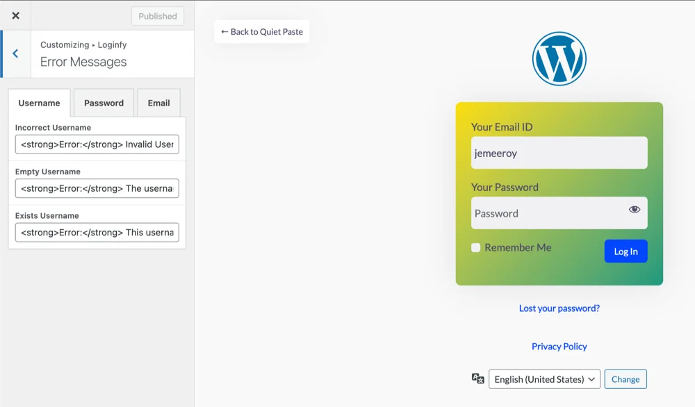 Login page Error message customization