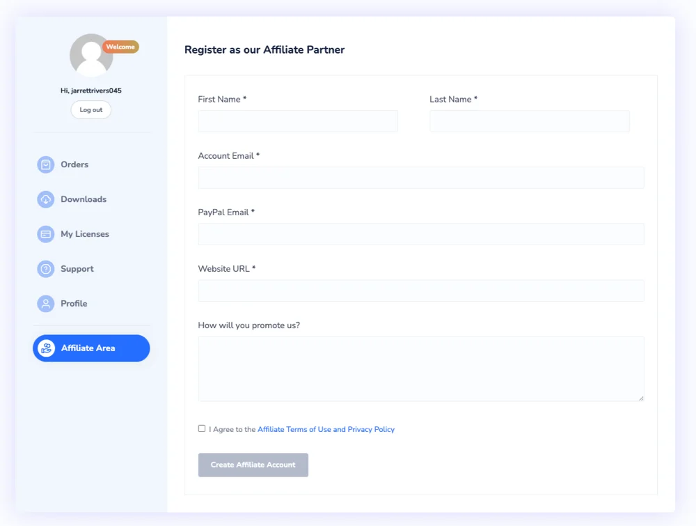 Affilaite registration form