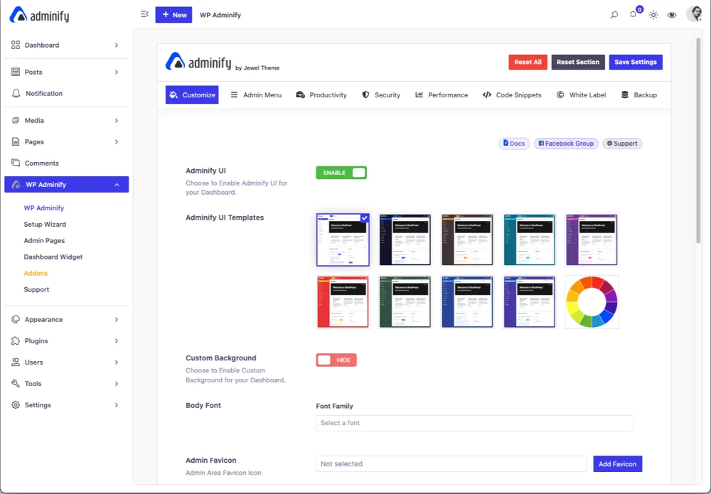 WP Adminify Plugin Dashboard